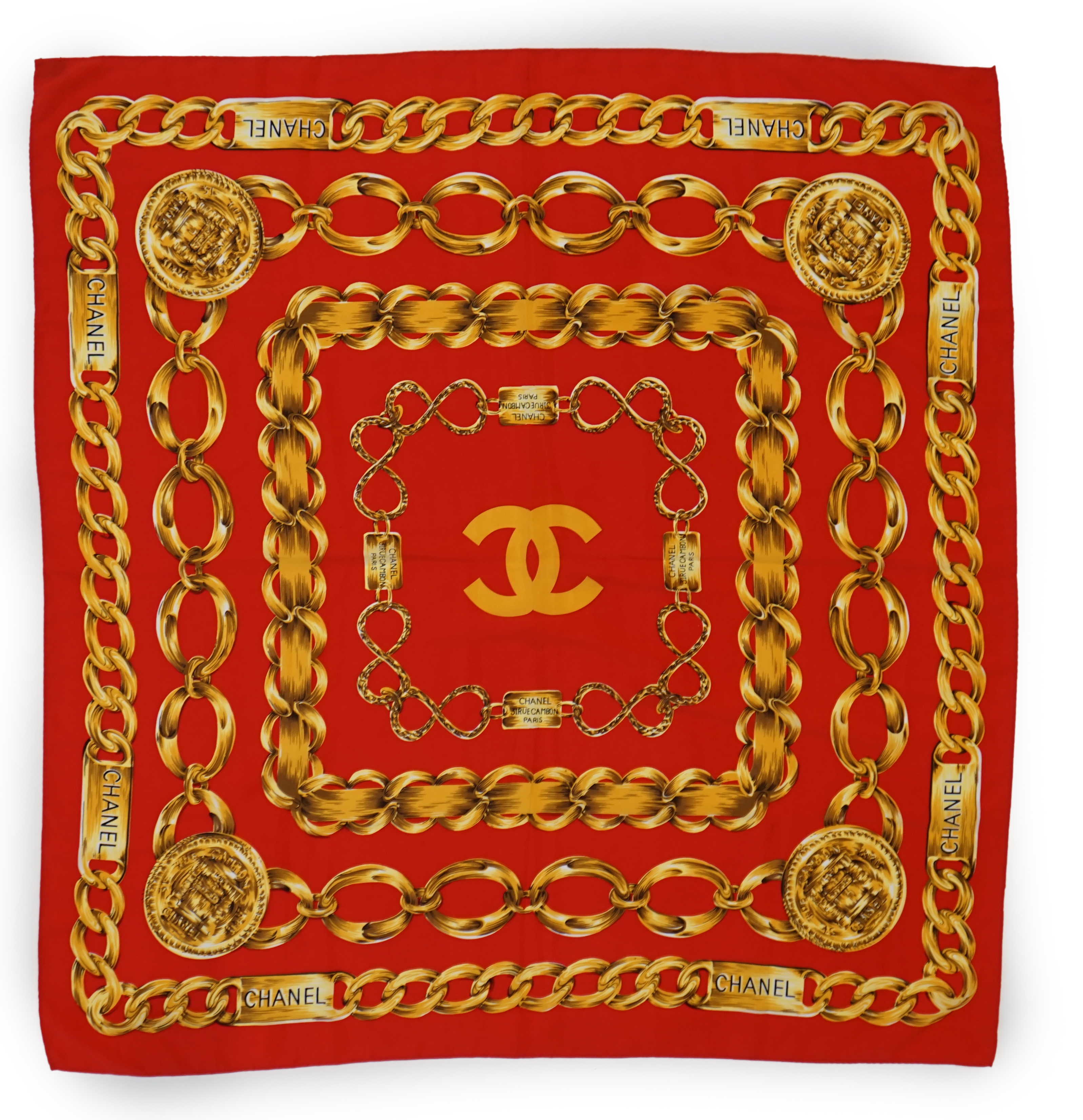 A Chanel Red Chain large silk scarf, 80cm x 80cm